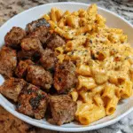 CAJUN STEAK TIPS IN CHEESY penne PARMESAN SAUCE
