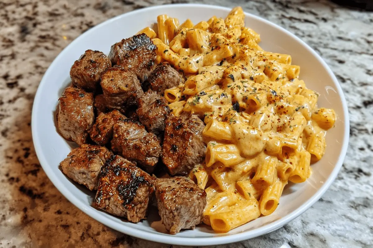 CAJUN STEAK TIPS IN CHEESY penne PARMESAN SAUCE