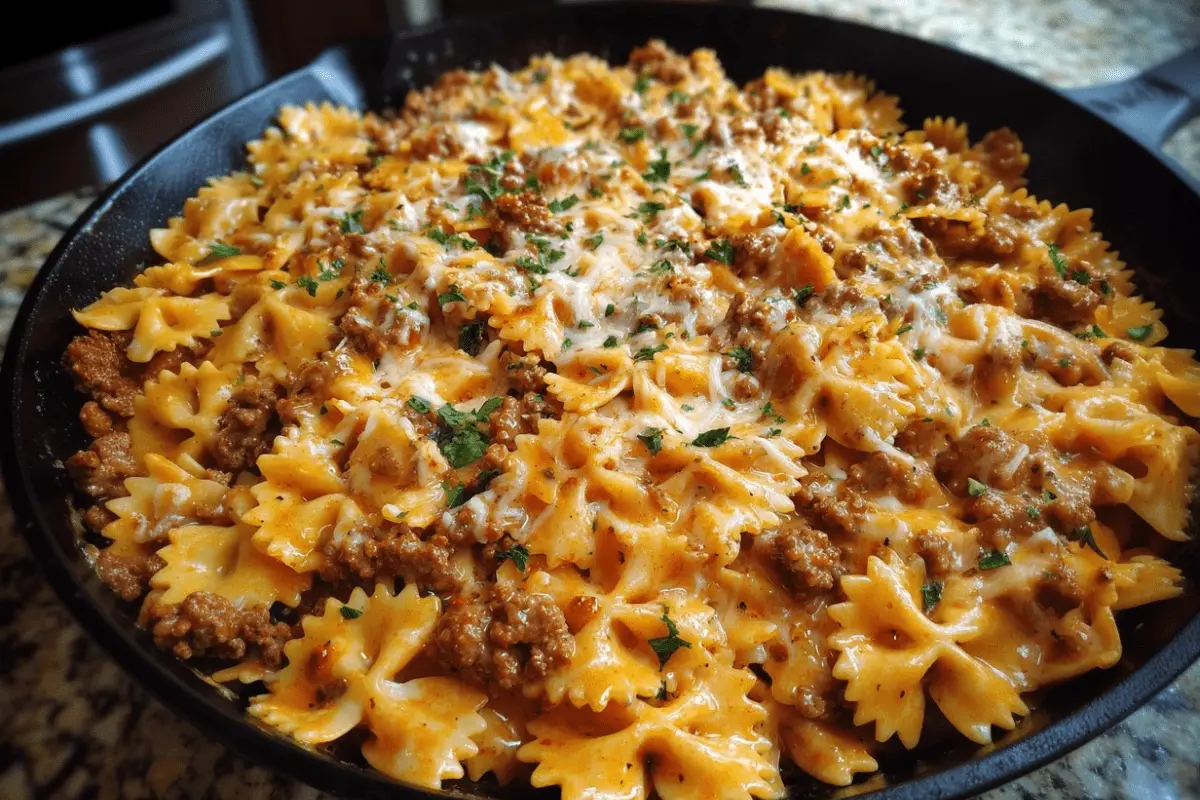Cajun Cream Cheese Alfredo Bowties with Spiced Ground Beef