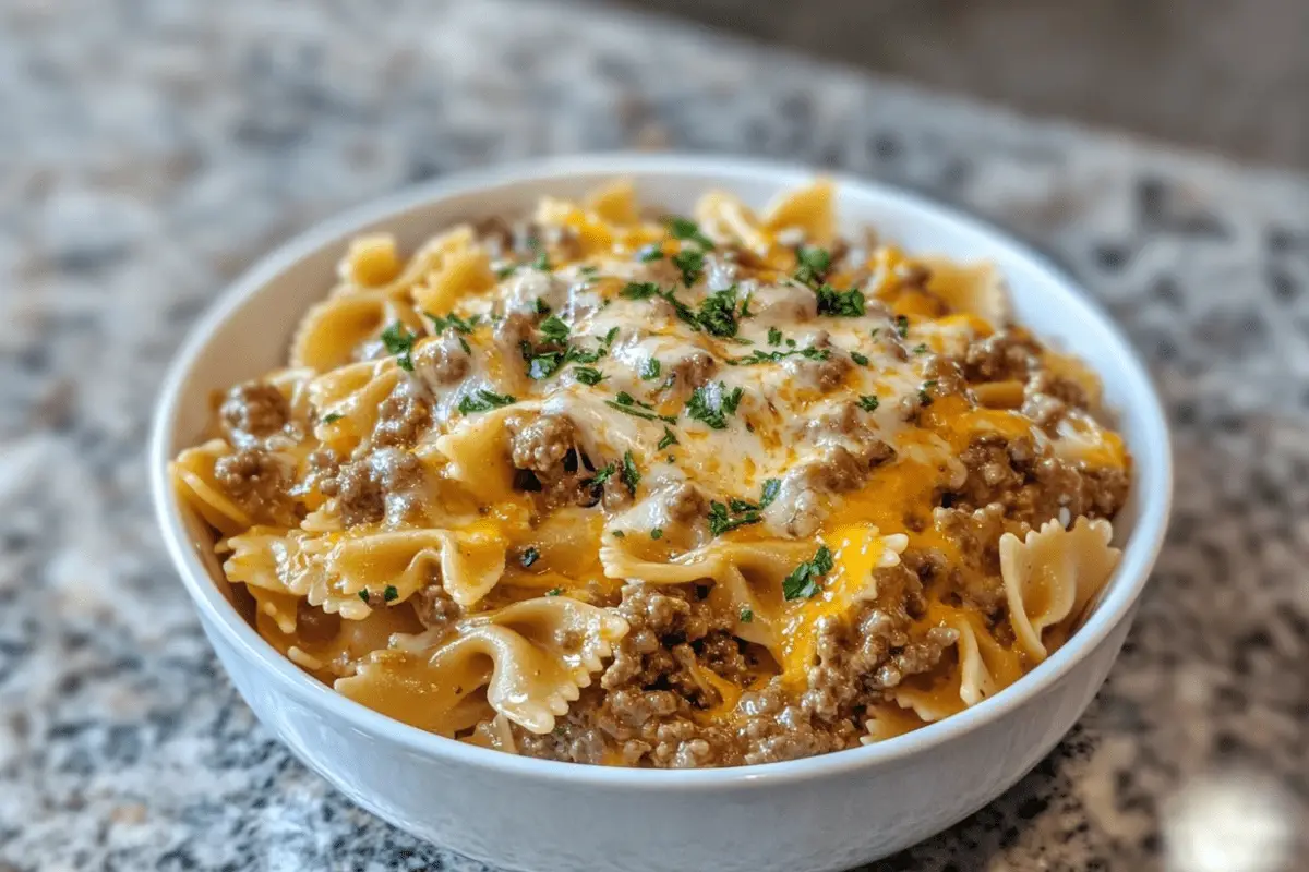 Cajun Garlic Butter Beef with Creamy Cheddar Bowtie Pasta