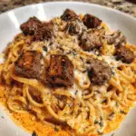 Cheesy Cajun Steak Linguine with Creamy Garlic Sauce