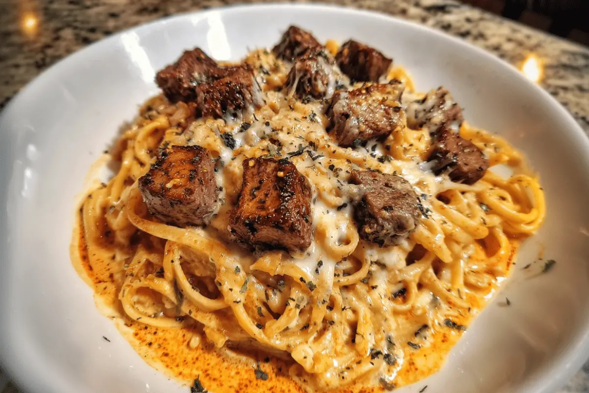 Cheesy Cajun Steak Linguine with Creamy Garlic Sauce