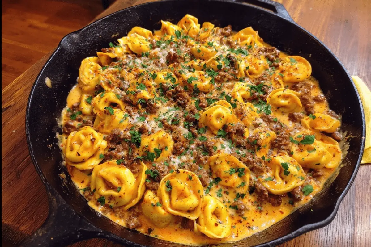 Creamy Cajun Beef Tortellini Stroganoff Skillet