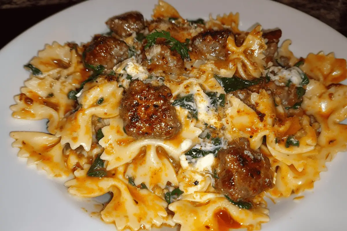 Creamy Garlic Butter Beef Bowtie Pasta with Italian Sausage & Spinach