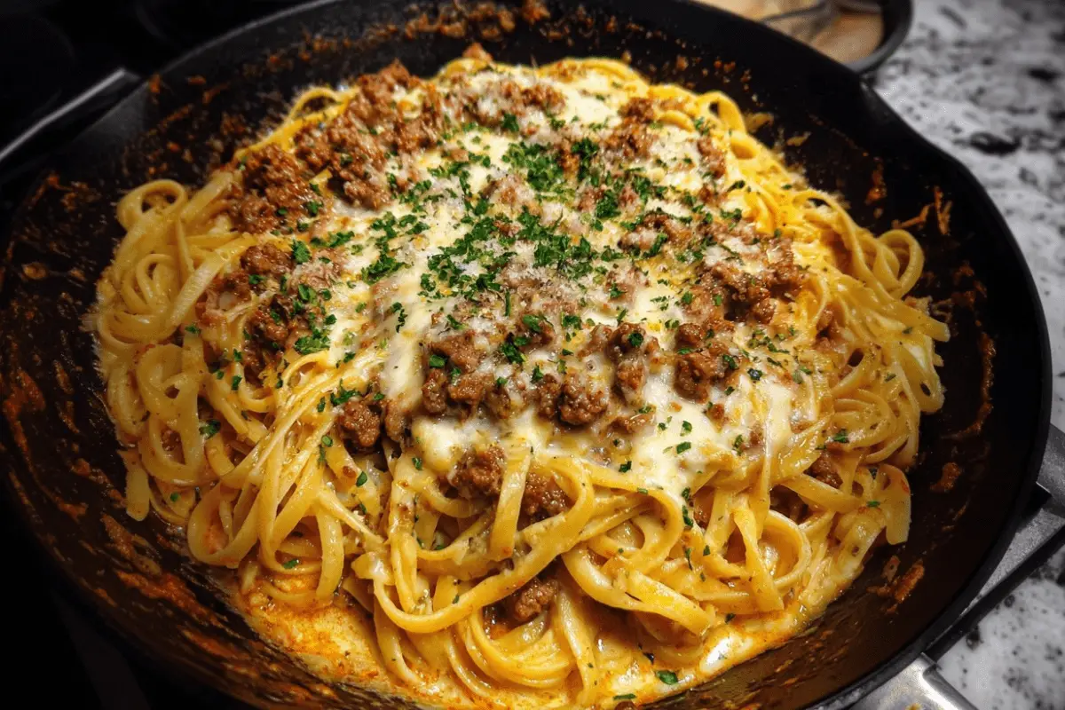 Creamy Ground Beef Linguine with Parmesan Herb Sauce