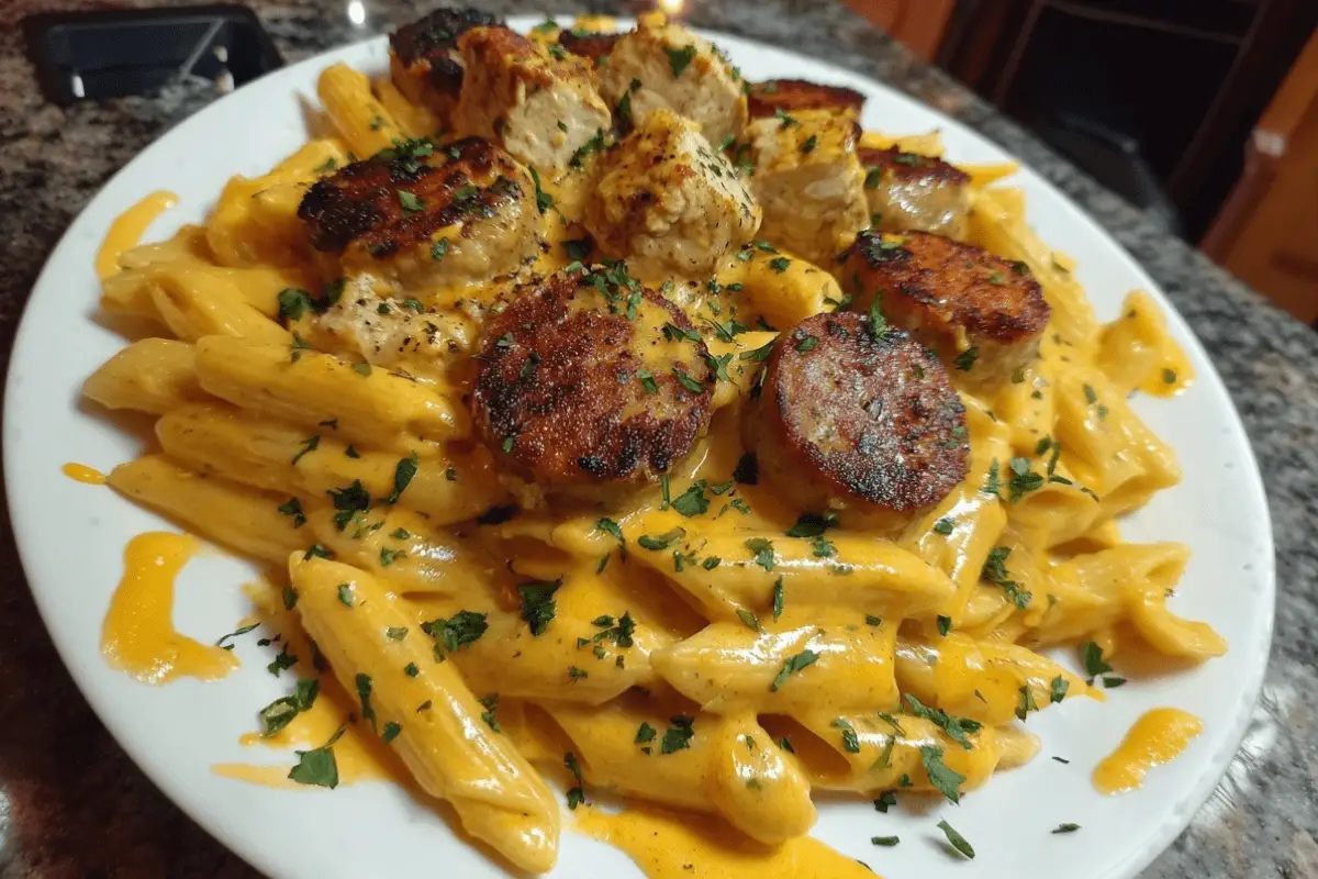 Creamy Pepper Jack Chicken and Sausage Pasta Skillet