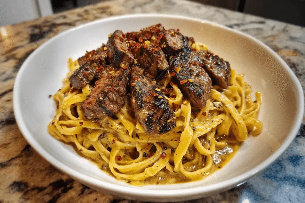 Garlic Butter Cajun Steak Linguine with Creamy Parmesan Sauce