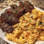 Garlic Butter Steak Bites with Cajun Spicy Alfredo Rotini Twis