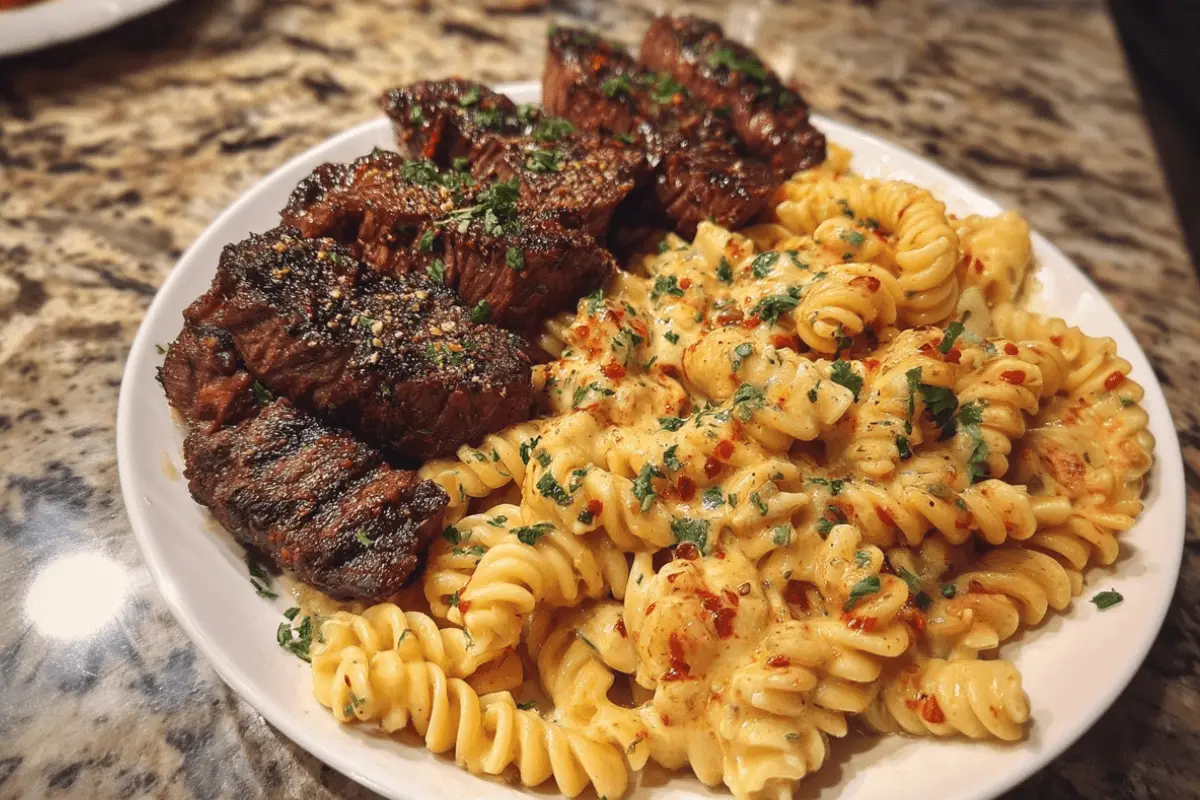 Garlic Butter Steak Bites with Cajun Spicy Alfredo Rotini Twis