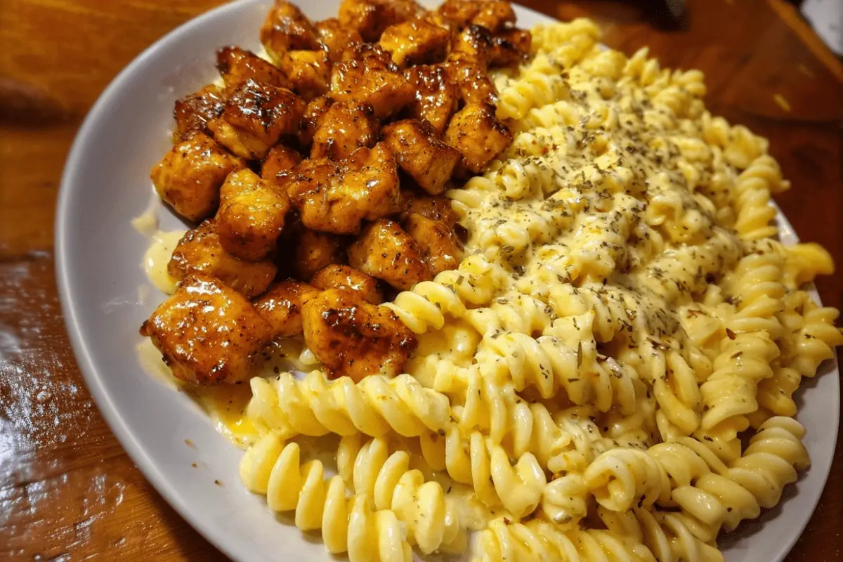 Honey Butter Garlic Chicken Bites with Creamy Alfredo Twisted Pasta
