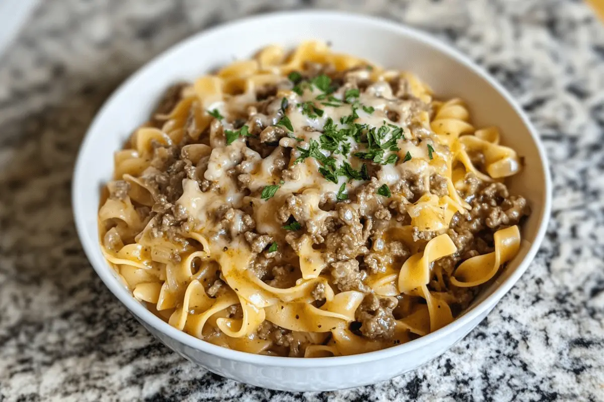 One-Pot Creamy Garlic Parmesan Beef Noodles
