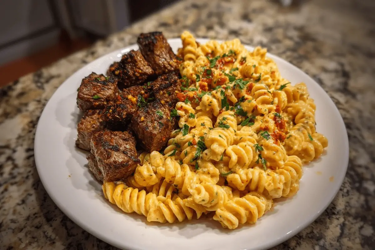 Spicy Ranch Alfredo Twisted Pasta with Garlic Butter Steak Bites