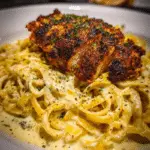 Spicy Blackened Chicken Paired with Creamy Parmesan-Garlic Linguine