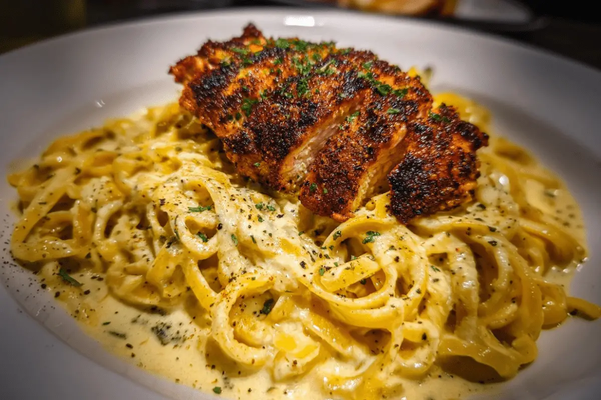 Spicy Blackened Chicken Paired with Creamy Parmesan-Garlic Linguine