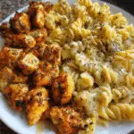 Cheesy Alfredo Twisted Pasta with Golden Garlic Butter Chicken in Creamy Sauce