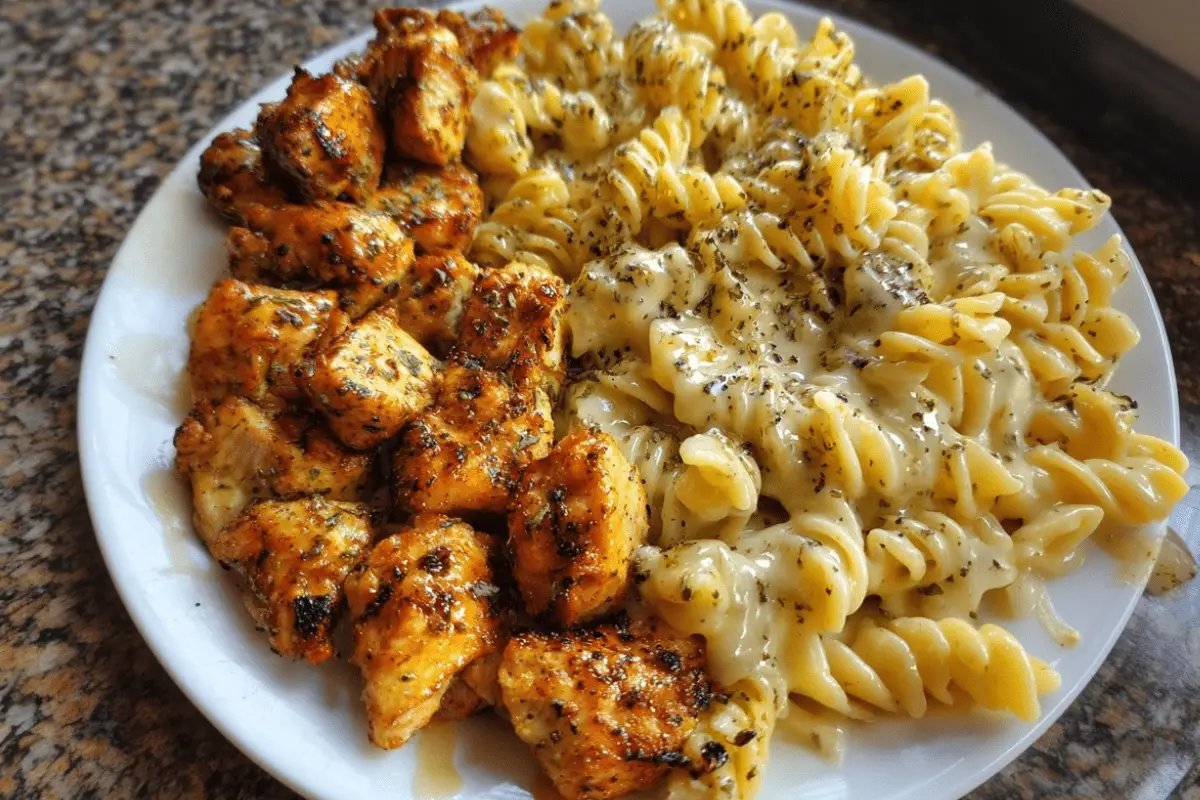 Cheesy Alfredo Twisted Pasta with Golden Garlic Butter Chicken in Creamy Sauce