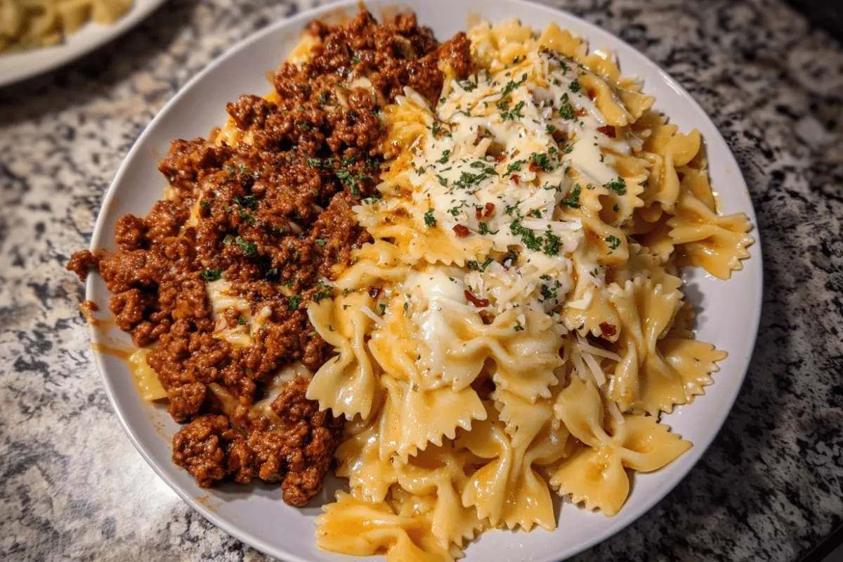 Cheesy Bowtie Pasta with Savory Cajun Ground Beef in Garlic Cream