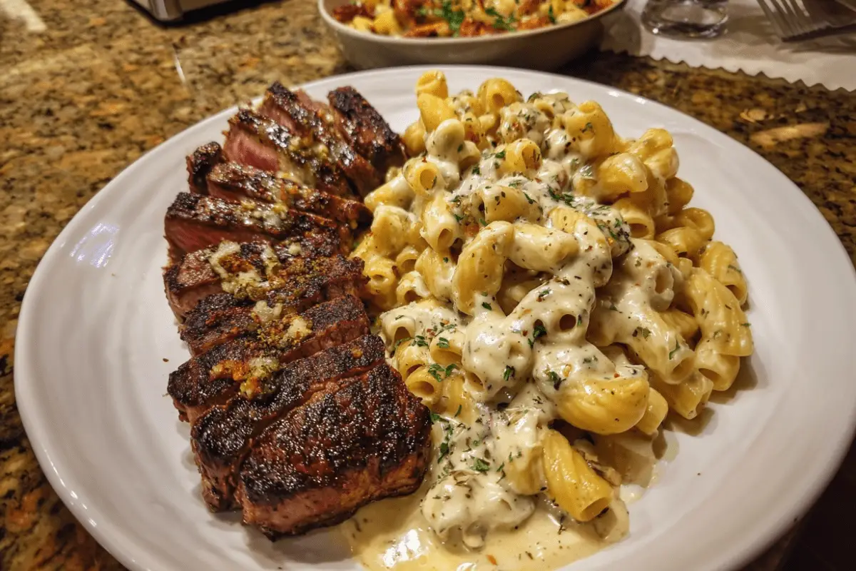 Cheesy Cajun Garlic Butter Steak with Creamy Rigatoni