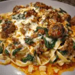 Cheesy Garlic Butter Linguine with Beef, Sausage and Spinach