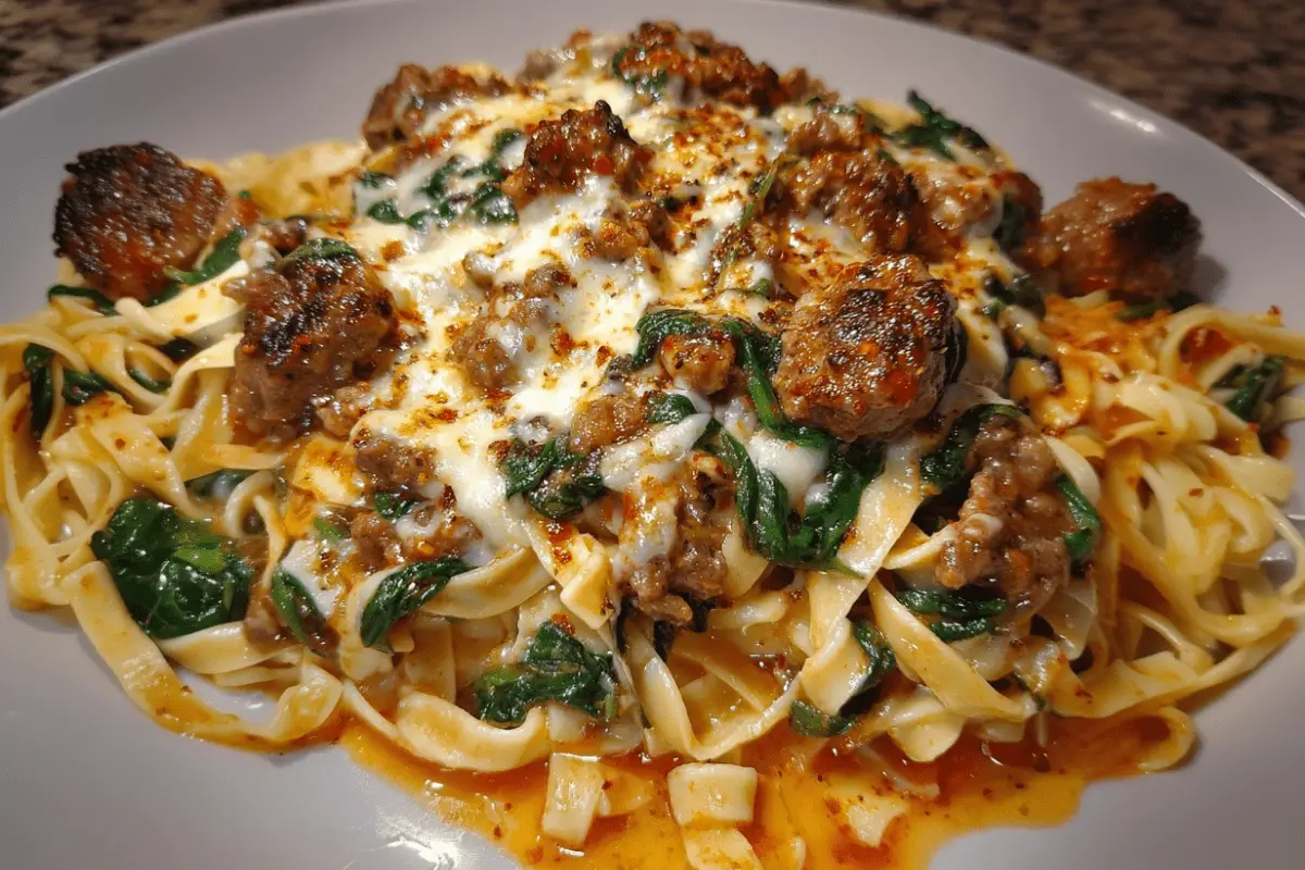 Cheesy Garlic Butter Linguine with Beef, Sausage and Spinach