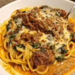 Cheesy Garlic Butter Spaghetti with Italian Sausage & Spinach