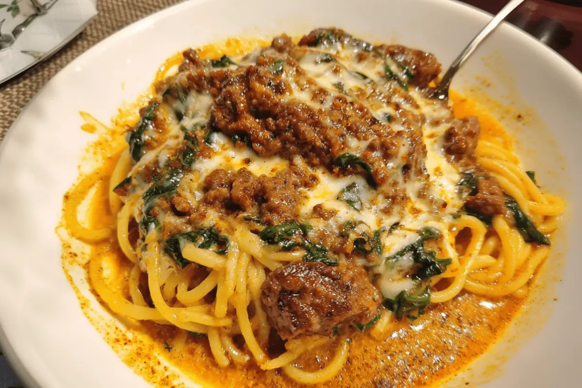 Cheesy Garlic Butter Spaghetti with Italian Sausage & Spinach