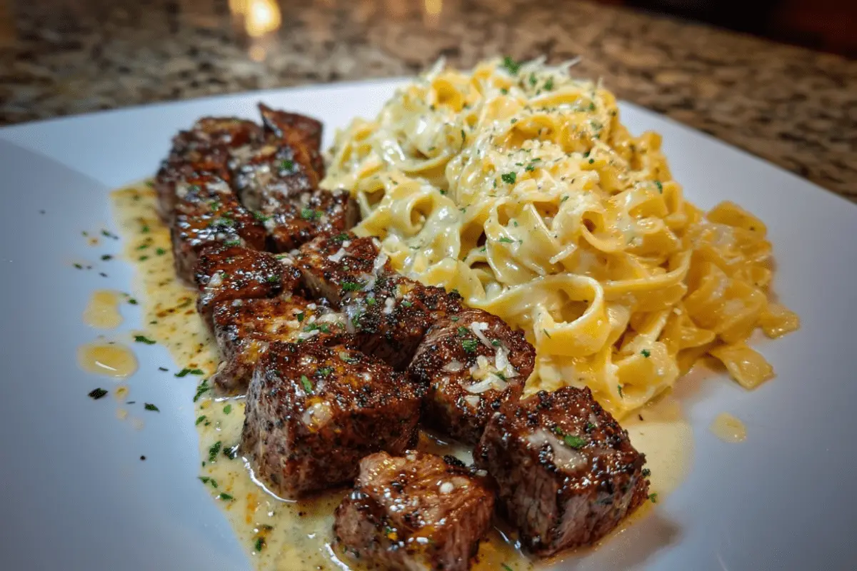 Cheesy Garlic Steak Bites over Creamy Linguine Pasta