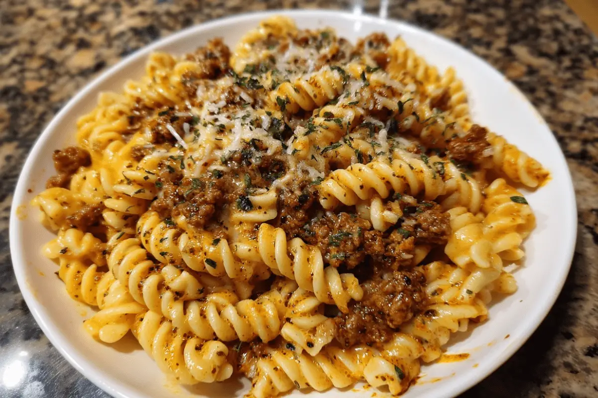 Cheesy Garlic Twisted Pasta with Cajun Ground Beef and Alfredo Velveeta