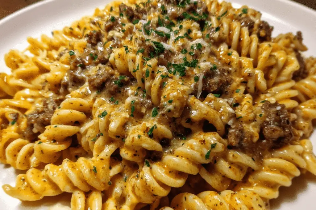 Cheesy Rotini Pasta with Garlic Butter Sauce and Ground Beef 2