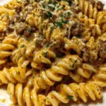 Cheesy Rotini Pasta with Garlic Butter Sauce and Ground Beef
