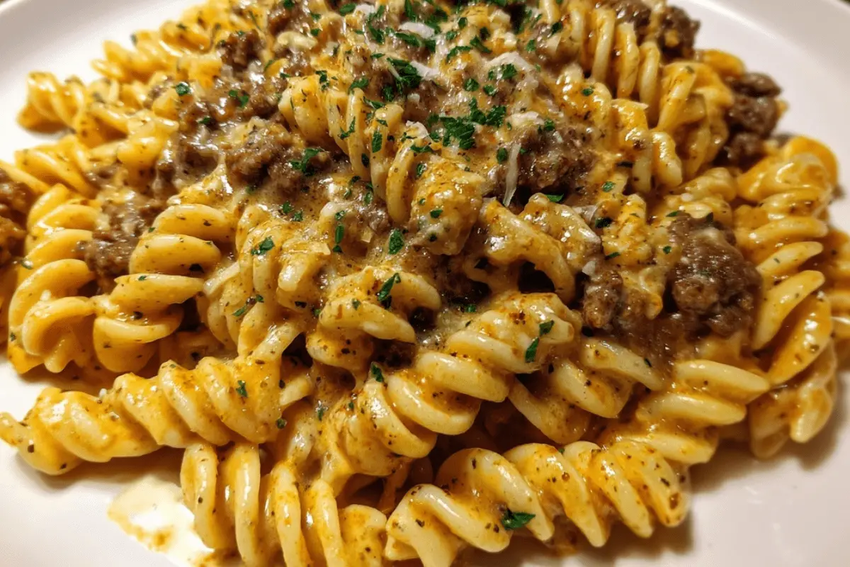 Cheesy Rotini Pasta with Garlic Butter Sauce and Ground Beef