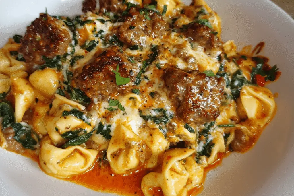 Creamy Garlic Butter Beef Tortellini with Italian Sausage & Spinach