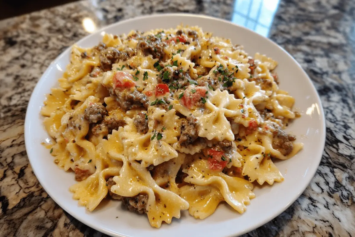 Creamy Ground Beef Bowtie Pasta with Mozzarella and Parmesan