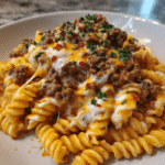 Creamy Mozzarella Rotini with Spicy Cajun Beef and Velveeta Sauce