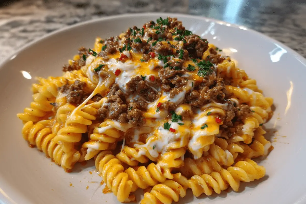 Creamy Mozzarella Rotini with Spicy Cajun Beef and Velveeta Sauce