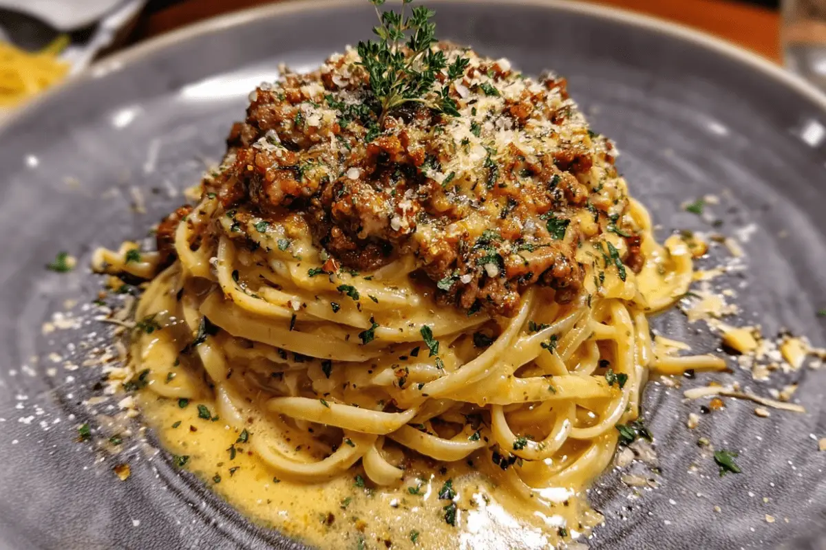 Creamy Parmesan Beef Linguine with Garlic Butter Sauce