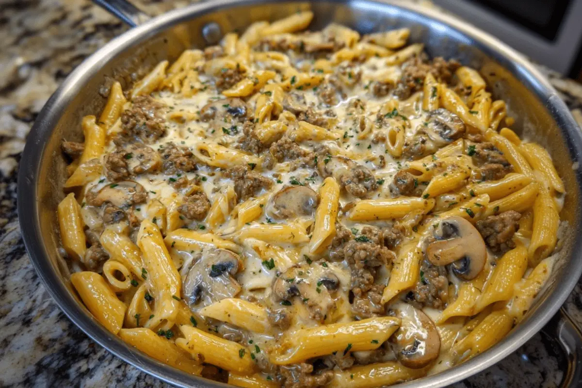 Creamy Velveeta Beef Stroganoff and Penne Pasta
