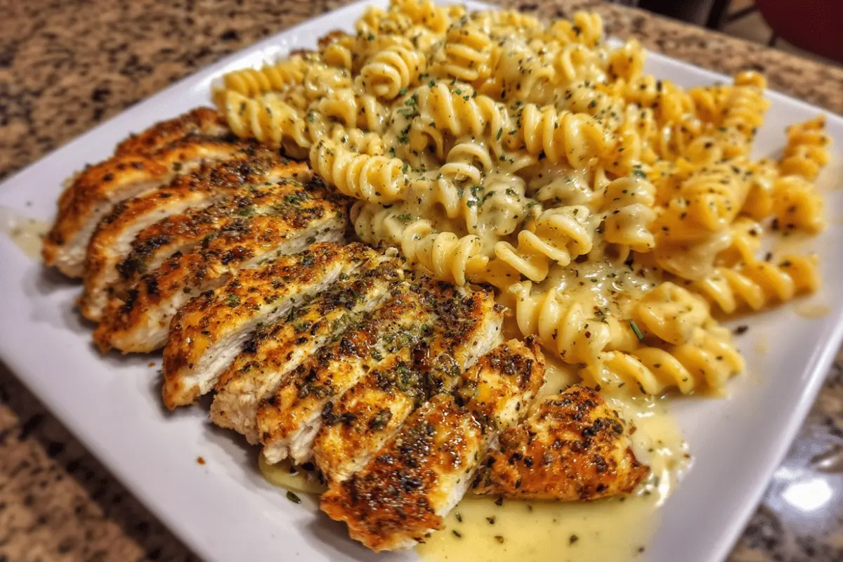 Juicy Chicken in Cheesy Italian Herb Alfredo Rotini Pasta