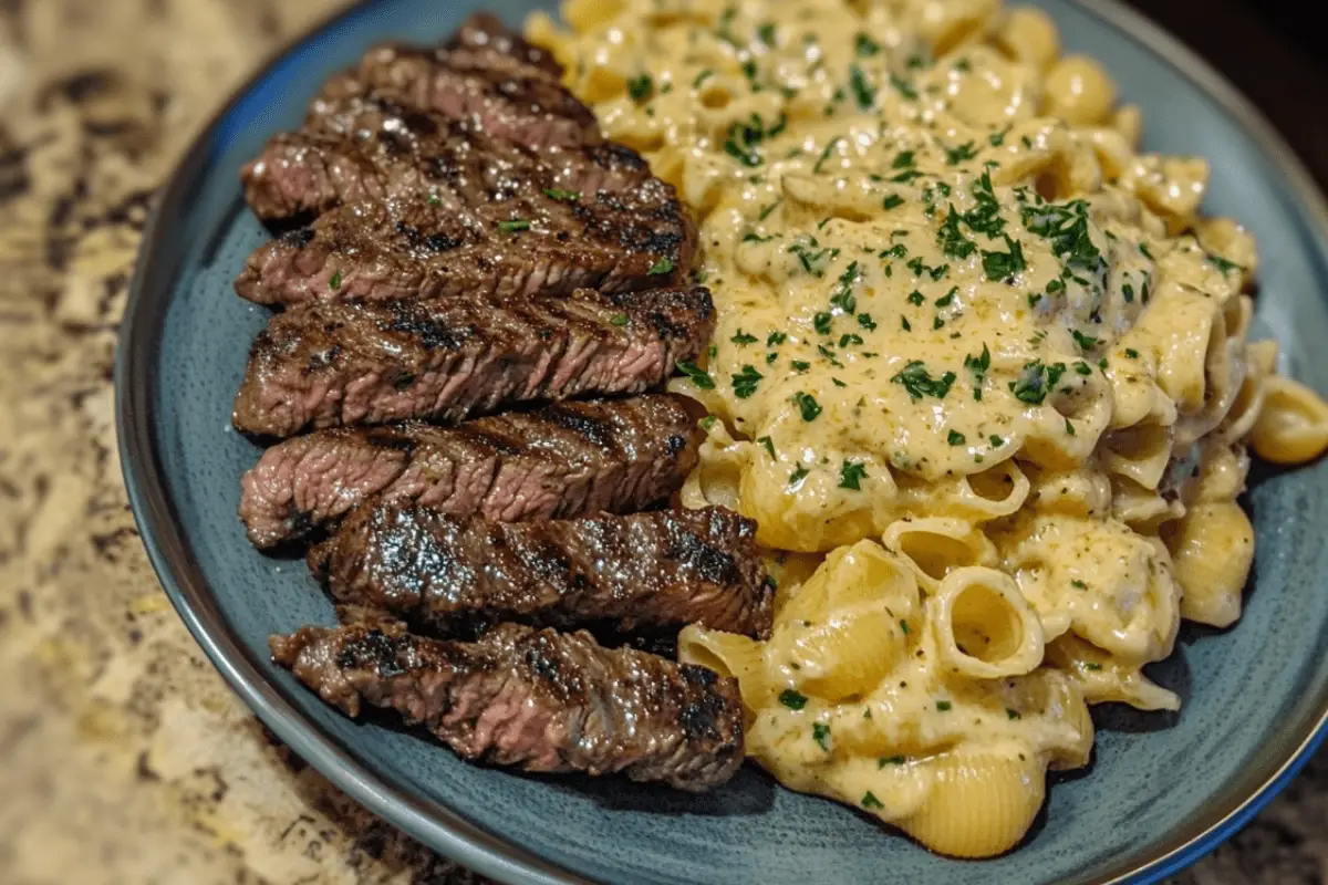 Velveeta Garlic Steak Pasta with Shell Noodles-min