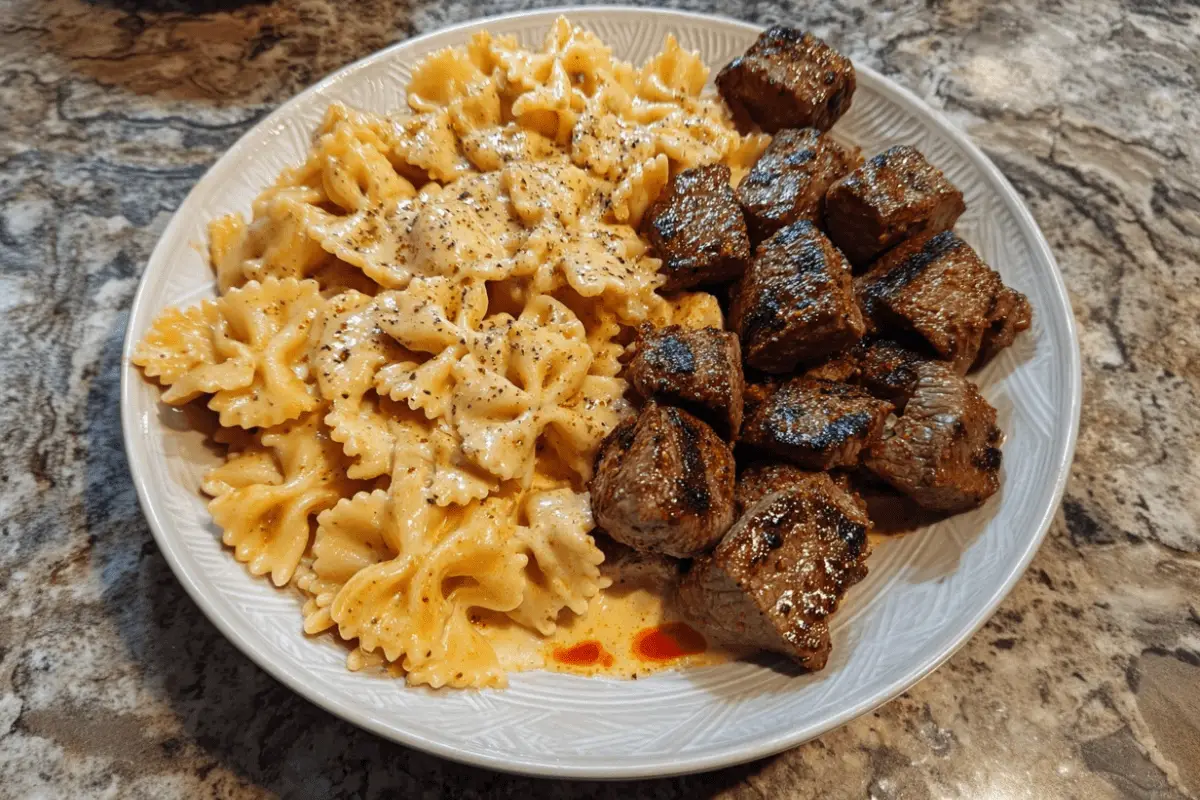 Cajun Steak Tips in Cheesy Parmesan Bowtie Pasta