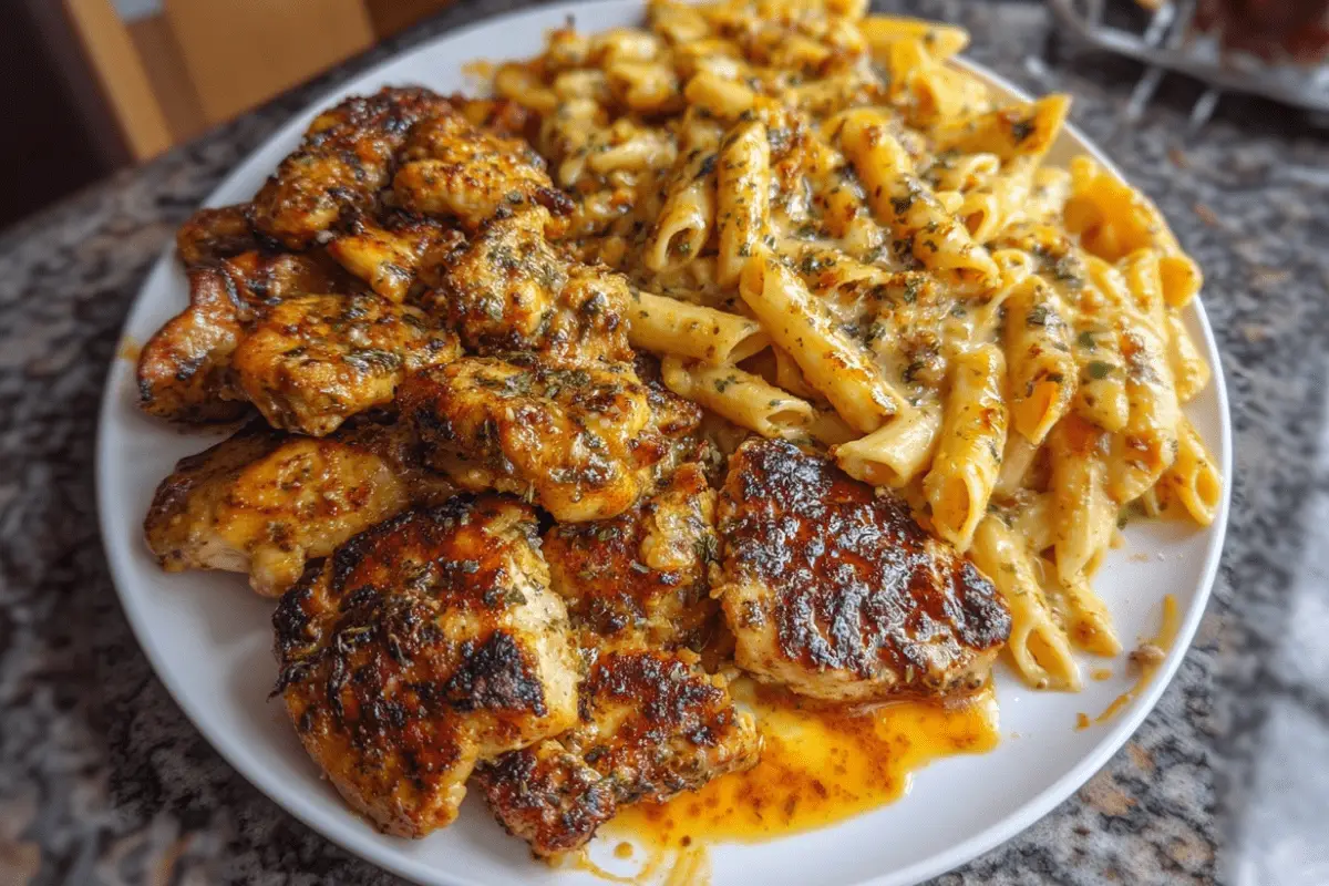 Cheddar Parmesan Garlic Butter Chicken with Creamy Penne Pasta