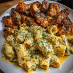 Cheddar Parmesan Garlic Butter Chicken with Creamy Rigatoni Pasta
