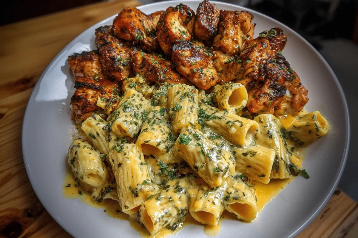 Cheddar Parmesan Garlic Butter Chicken with Creamy Rigatoni Pasta