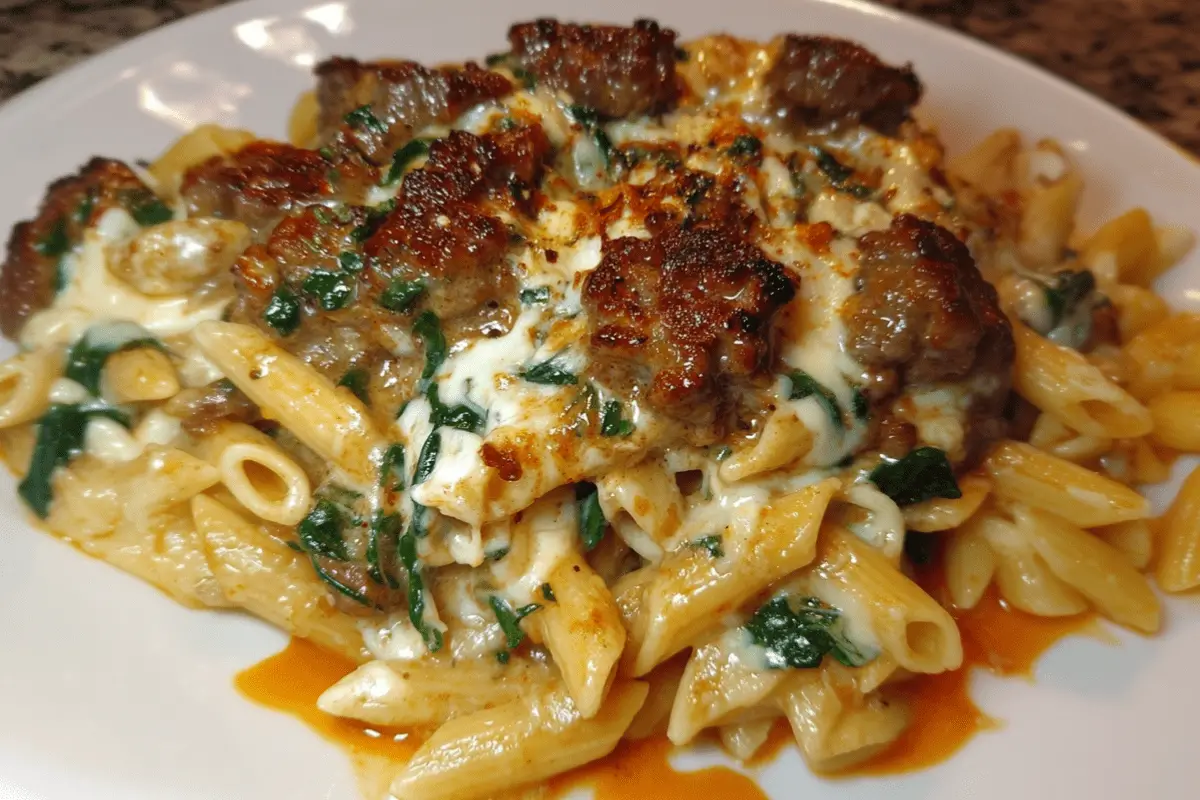 Creamy Garlic Butter Beef Penne with Sausage and Spinach