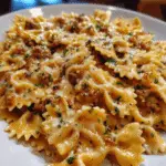 Creamy Parmesan Beef Bowtie Pasta with Garlic Butter Sauce