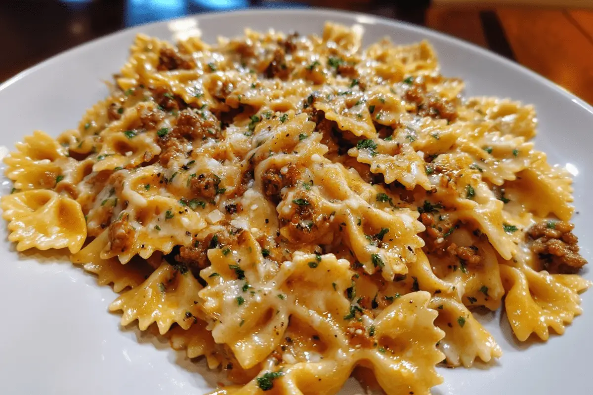 Creamy Parmesan Beef Bowtie Pasta with Garlic Butter Sauce