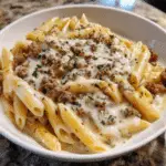 Garlic Butter Penne Pasta with Creamy Beef and Cheese Sauce
