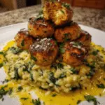 Lemony Chicken Ricotta Meatballs Over Garlic Spinach Orzo