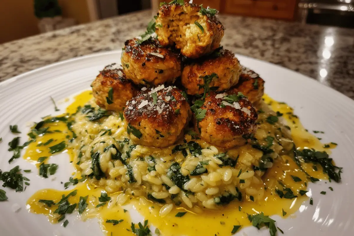 Lemony Chicken Ricotta Meatballs Over Garlic Spinach Orzo