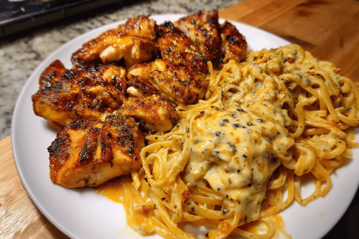 Creamy Velveeta Alfredo Linguine with Cajun Garlic Chicken Bites